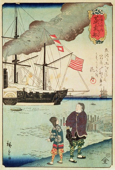 Amerikaans marineschip in een Japanse haven, 1861 (kleur houtsnede) door Japanese School